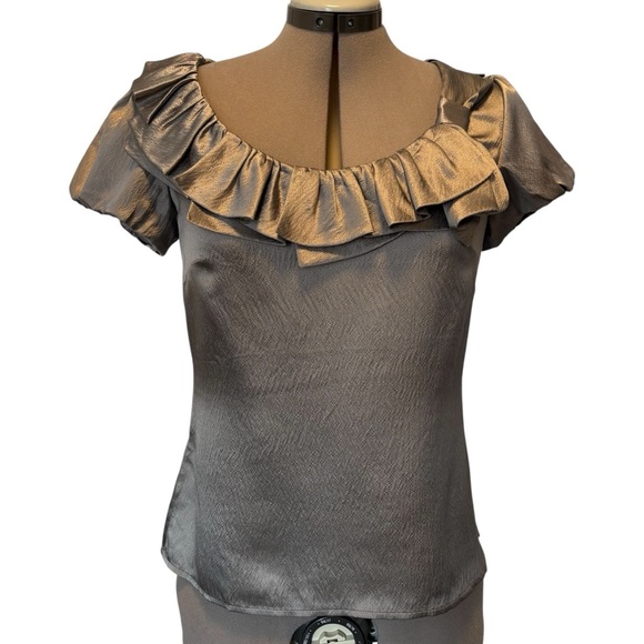 Ann Taylor | NWT | Silk Ruffle Scoop Blouse | Gray | Size 6 - Picture 1 of 9